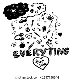 postcard drawing  on Valentine's Day, rain from gifts for a loved one,  sketch, hand-drawn cartoon comic digital vector illustration
