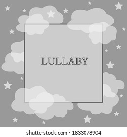 Postcard of drawn clouds, stars on the sky. Vector illustration of night sky. Icon of clouds isolated on grey background. Print for greeting cards, posters.  Illustration newborn metric. Lullaby