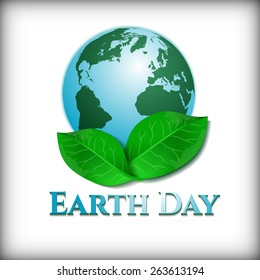 Postcard for Earth day on March 20 and April 22. Earth globe with green leaves on white background. Vector illustration