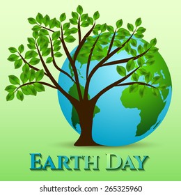 Postcard for Earth day on March 20 and April 22. Earth globe with abstract green tree on green background. Vector illustration