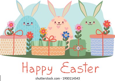 A postcard with Easter bunnies and gift boxes. Vector graphics drawn by hand in a cartoon style