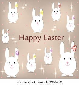 Postcard with Easter bunnies on a beige background .Vector  illustration 