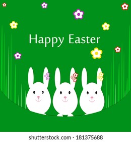 Postcard with Easter bunnies on green background. Vector  illustration 