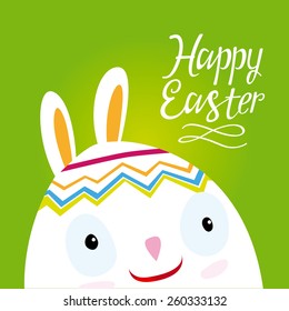 Postcard with Easter bunny. Background. Pattern. Flower and richly decorated eggs.