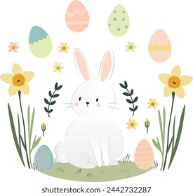 Postcard with Easter bunny and colored eggs with flowers