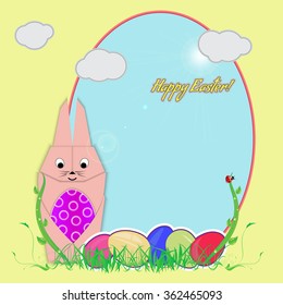 Postcard with the Easter Bunny. The Easter Bunny is holding an Easter egg. Vector illustration, on the background of the frame and Easter eggs lie in the grass.