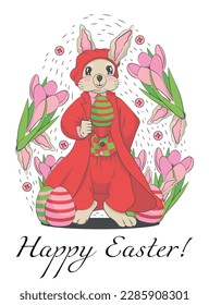 Postcard with the Easter Bunny in a red suit and beret with an Easter egg in his hand and crocuses all around. A funny Easter greeting card.