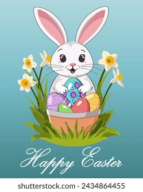 Postcard with Easter bunny.Vector color illustration with an Easter bunny and a basket of painted eggs.