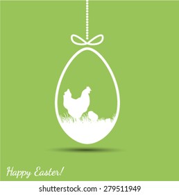 Postcard Easter, chicken, chicken and egg on green background. Vector EPS 10 illustration.