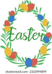 Postcard with Easter colorful eggs, painted Easter eggs, postcard with the inscription Easter, Easter eggs and leaves decor