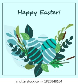 Postcard with easter eggs in green leaves with an inscription Happy Easter on blue background. Easter banner, greeting card design Spring decoration holiday  celebration festive season