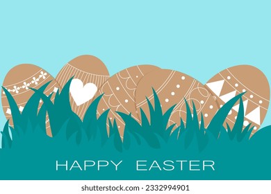 Postcard with Easter eggs for the holiday of Easter, the inscription Happy Easter, Easter eggs with patterns hidden in the grass