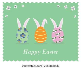 Postcard with Easter eggs with rabbit ears. With curly outline. Horizontal. Flat vector illustration