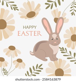 Postcard with Easter eggs, rabbit and flowers in flat style in pastel colors.