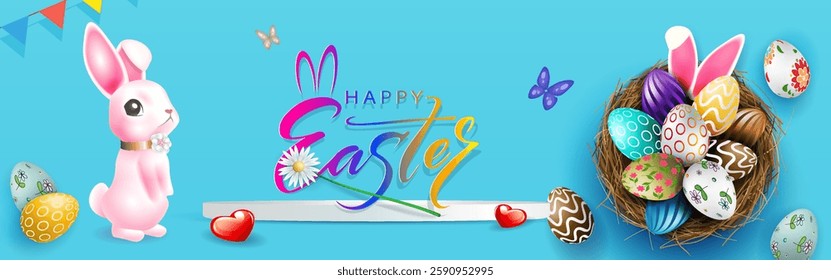 A postcard with Easter eggs in a straw nest and a wonderful pink rabbit.