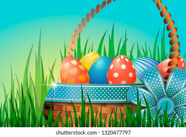 Postcard with Easter eggs in a wicker basket in green grass. Blue bow with decorative ribbon. Beautiful greeting card or banner for Easter.