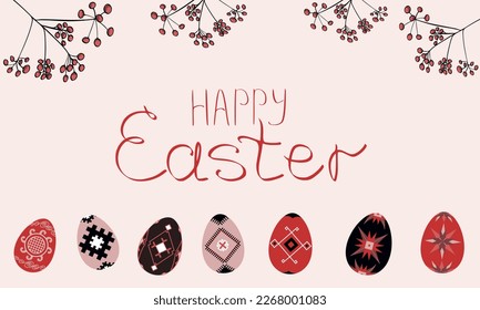 A postcard of easter eggs with the words happy easter written in red