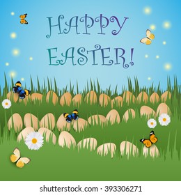 Postcard for Easter with grass, eggs, chamomiles and butterflies