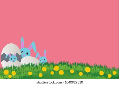 Postcard to easter happy day,Rabbit with eggs, beautiful grass background