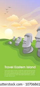 Postcard Easter Stone Island Rapa Nui Moai Statue Vector Flat Illustration