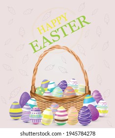 Postcard for Easter. Style Realism. The basket is brown with different festive eggs for the holiday. Нanddraw background