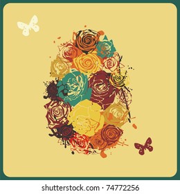 Postcard with egg which consist of flowers. Vector illustration.