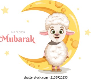Postcard "Eid-Al-Adha Mubarak" with cheerful cartoon sheep and moon
