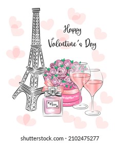 Postcard Torre Eiffel cena romántica regalos de perfume flores rosas París en el día de San Valentín texto editable estilo retro vintage tarjeta de felicitación de impresión textil o envoltura de regalo Ilustración vectorial