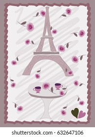 Postcard with eiffel tower, roses. Cafe. Paris. Vector.