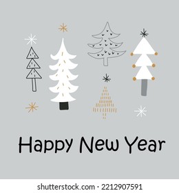 Postcard with elegant Christmas trees. Happy New Year. Vector illustration