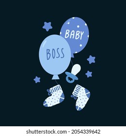 A postcard with elements of a children's postcard template. Baby posters with Balloons and toys for a boy. Blue balloons with the inscription Boy and child. Vector illustration