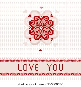 Postcard with embroidered flower and hearts