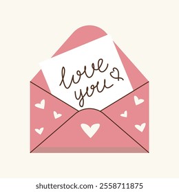 A postcard in an envelope with a declaration of love, handwriting, congratulations on Valentine's Day, wedding, design element.