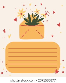 Postcard with an envelope and flowers. Floral mail. Template for a holiday greeting card. Flowers, hearts and an empty space for the inscription. Hand draw vector illustration.