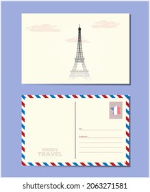 a postcard and an envelope. France. Paris, Eiffel Tower. Map of France in the form of the country's flag. Vector illustration. EPS 10