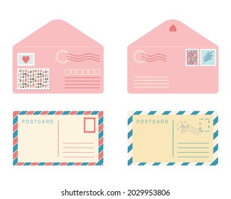 Postcard and envelope set. Isolated flat vector retro post cards and pink envelopes with post stamps and seals. Cute romantic postage vintage collection.