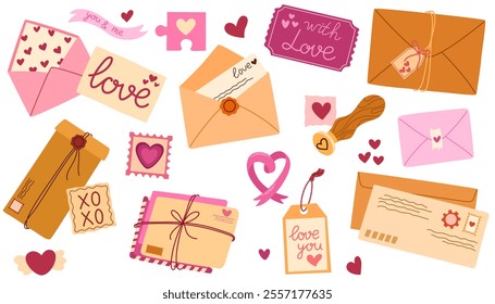 Postcard and envelope set. Valentines day set of various craft paper letters, stationery, sealing wax, handmade cards, hearts and text. Love messages. Vector hand draw illustration isolated