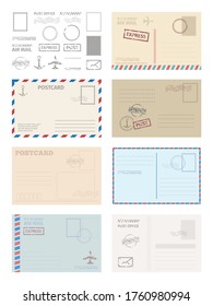 Postcard envelope template set. Greeting card stamps postal services red blue frame fast delivery air ships stylish retro design empty blank graphic template. Vector invitation.