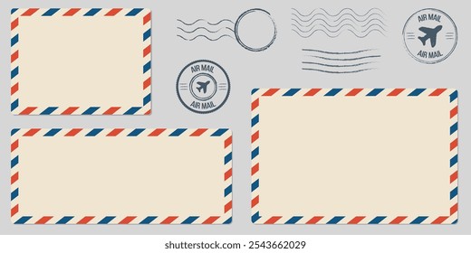 Conjunto de modelos de envelope de cartão postal. Cartão de saudação carimbos serviços postais vermelho quadro azul rápido entrega ar navios elegante design retro vazio modelo gráfico em branco.