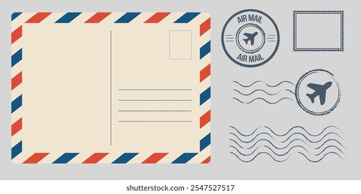 Conjunto de modelos de envelope de cartão postal. Cartão de saudação carimbos serviços postais vermelho quadro azul rápido entrega ar navios elegante design retro vazio modelo gráfico em branco.