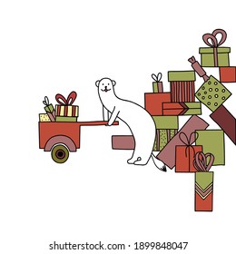 Postcard. The ermine carries a mountain of gifts.