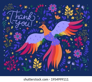 Postcard with fantastic bird and flowers and with the thank you. Vector graphics.