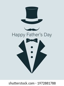 Postcard for Father's Day. Hat, tuxedo and mustache. Silhouette. Vector illustration.