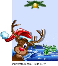 postcard with fawn in the hat of Santa Claus on winter background vector