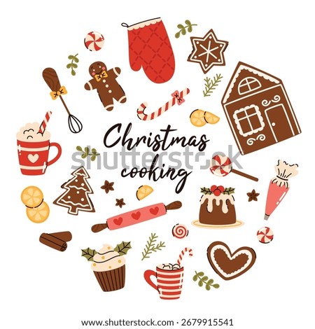A postcard featuring Christmas cooking. Gingerbread house, sweets, rolling pin, hot chocolate, and gingerbread cookies. Flat vector illustration.