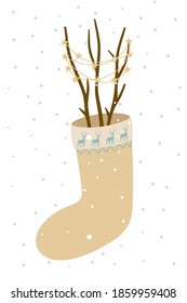 Postcard with a felt boot with branches and a garland of stars. Snow is falling. Vector illustration in a minimalistic style, isolated on a white background.