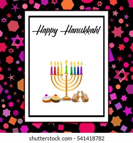 Postcard for Festival of Lights, Feast of Dedication Hanukkah. White blank with menorah, dreidels, sufganiots and greetings on colorful background with Hanukkah elements. Vector illustration