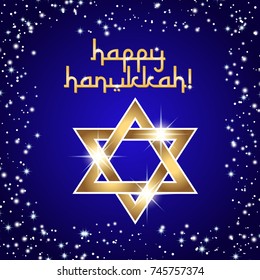Postcard for Festival of Lights, Feast of Dedication Hanukkah. Golden shining star of David on deep blue background with frame from stars and sparkles. Vector illustration