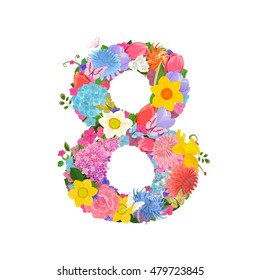 Postcard with figure from lovely flowers of daffodils, roses, tulips, lily of the valley, crocus, chrysanthemums, hortensia, lilac. Happy birthday. Romantic number eight 