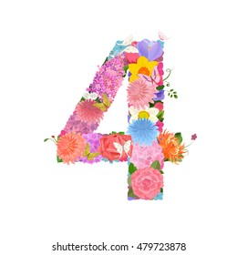 Postcard with figure from lovely flowers of daffodils, roses, tulips, lily of the valley, crocus, chrysanthemums, hortensia, lilac. Happy birthday. Romantic number four
